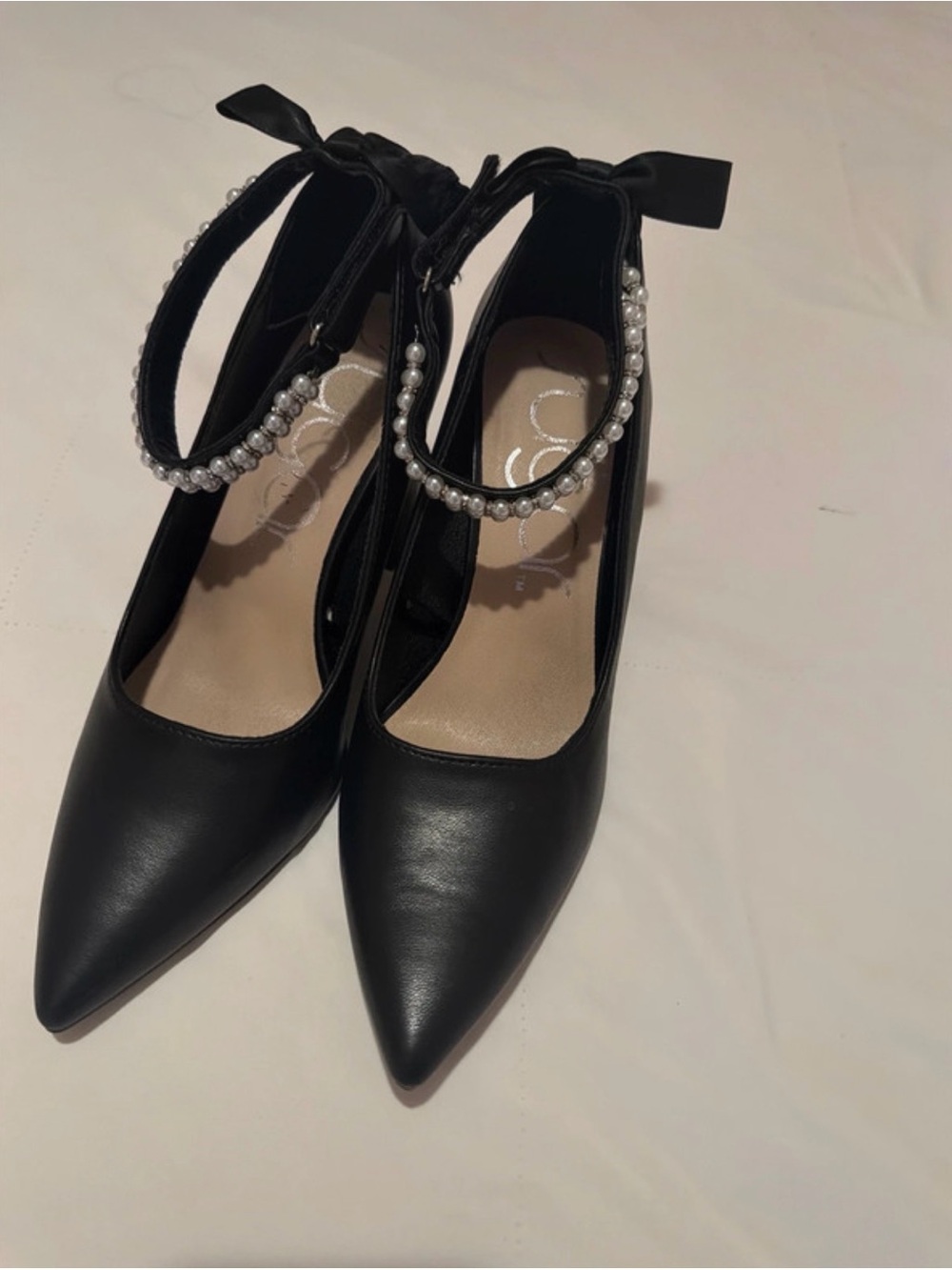 Black Heels with Pearl Ankle Strap and bow